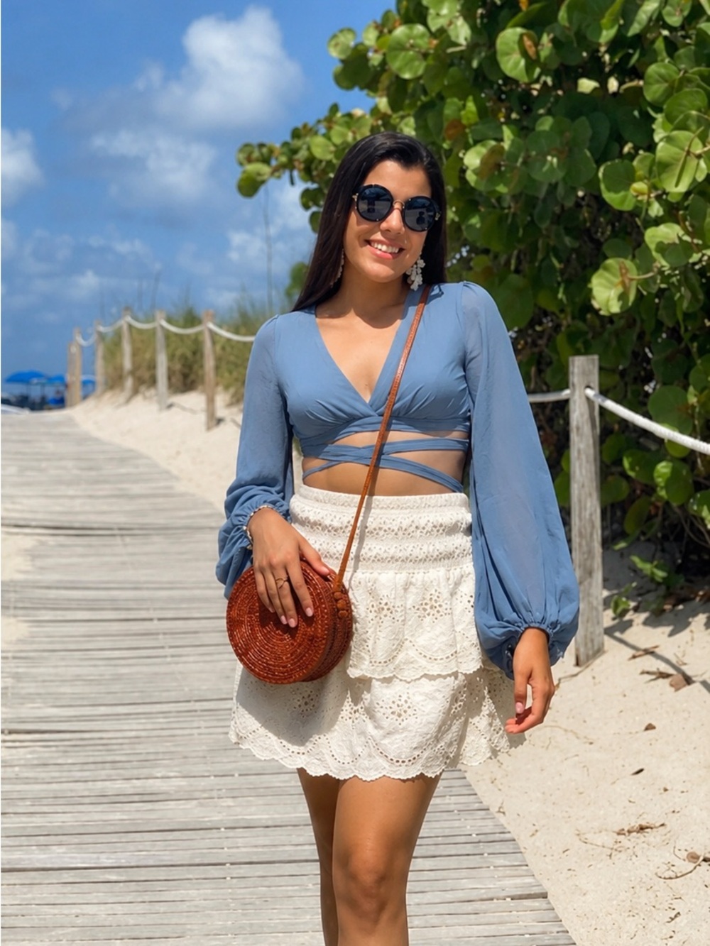 Windsor Dusty Blue Lace-Up Long Sleeve Crop Top